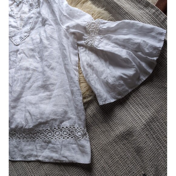 Crown & Ivy Women's M White Linen Blend Quarter Sleeve Bell Sleeve Summer Blouse - Picture 13 of 16